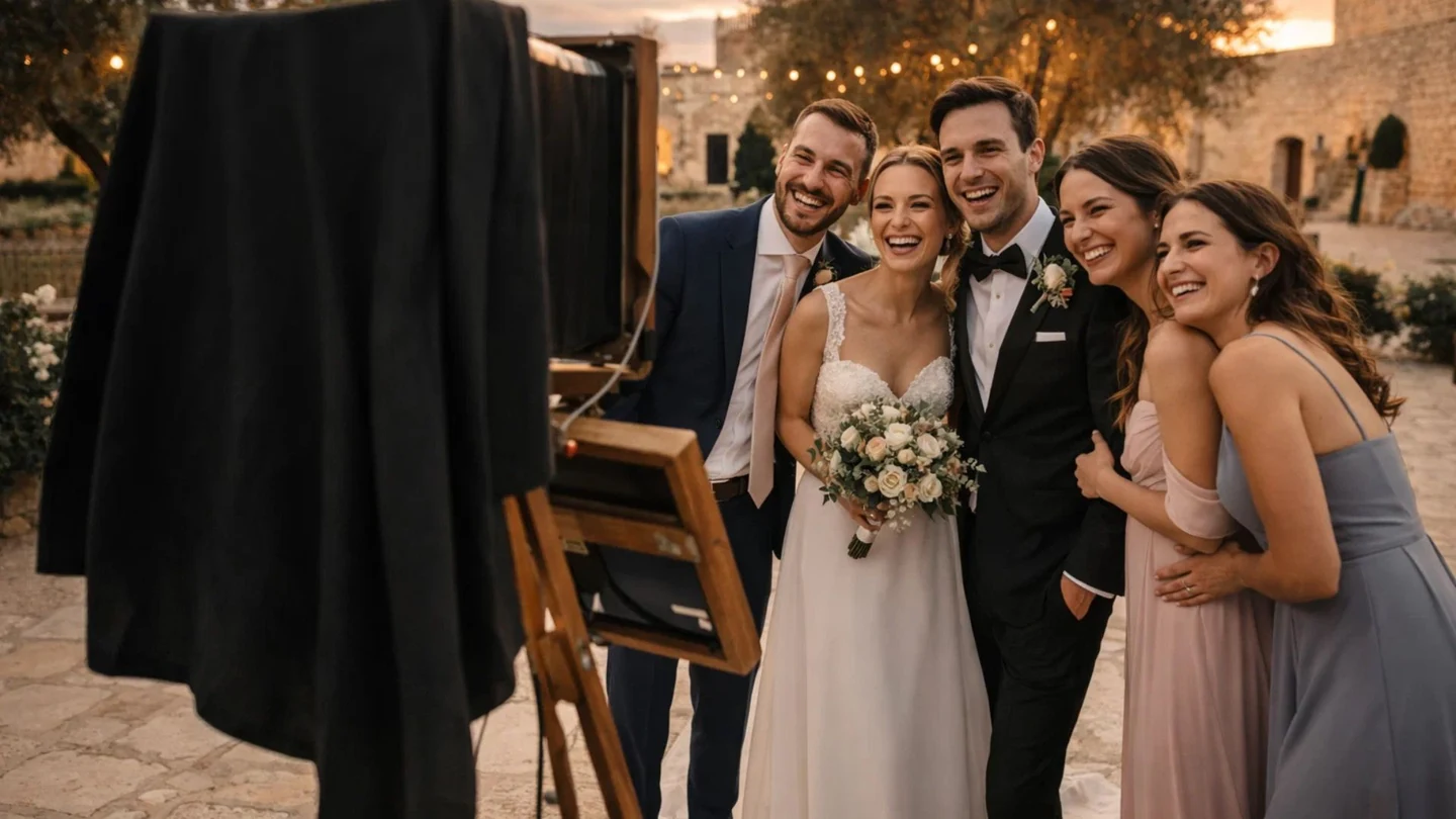 Sposi e amici sorridono accanto alla Gran Camera Booth durante il ricevimento, in Puglia