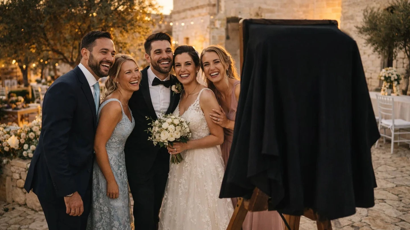 Gruppo di invitati ride insieme accanto alla Gran Camera Booth in una masseria pugliese al tramonto