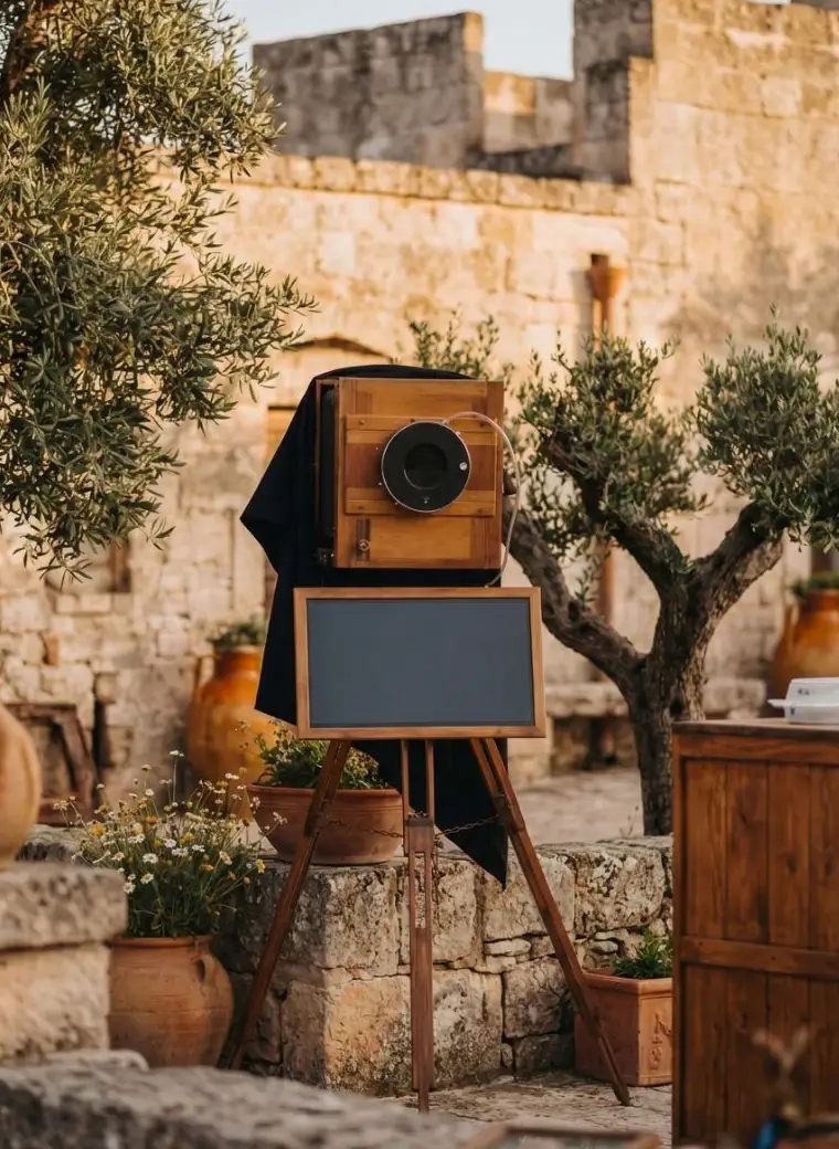 La macchina fotografica d'epoca a grande formato sul treppiede in legno, tra gli ulivi e le mura di una masseria pugliese